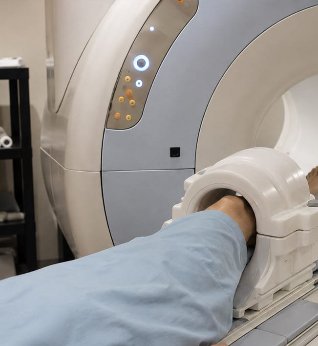 Patient undergoing a knee MRI for an ACL tear with the knee positioned in a dedicated MRI coil in Manhattan.