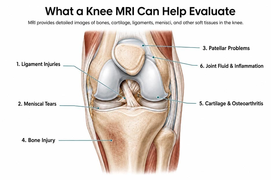 Medical illustration showing knee injuries and conditions evaluated with MRI, including ligament injuries, meniscal tears, cartilage damage, patellar problems, bone injury, and joint fluid