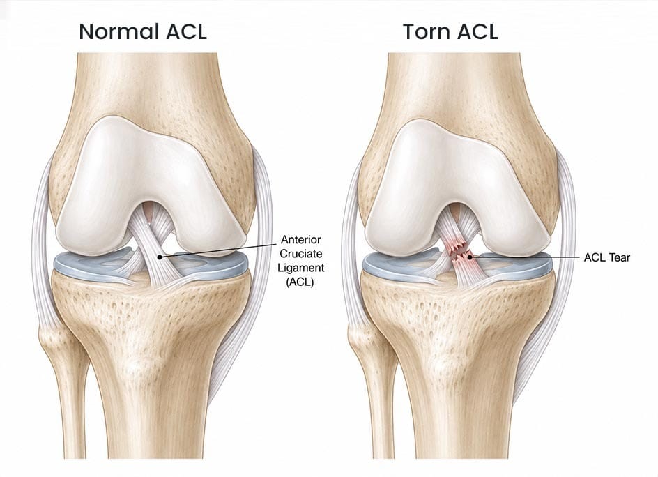 Normal ACL vs torn ACL knee anatomy illustration showing the anterior cruciate ligament and ACL tear.