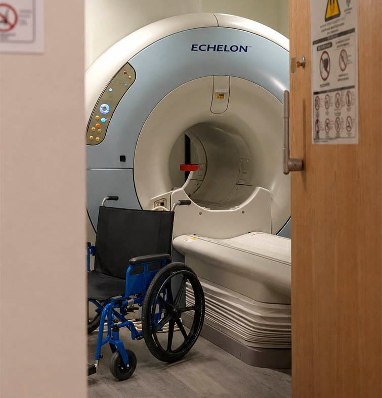 MRI-safe wheelchair next to an Echelon MRI scanner at Manhattan MRI in NYC