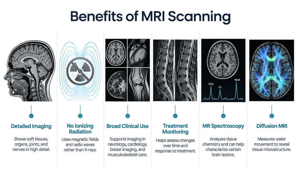 Benefits of MRI scanning including detailed imaging, no ionizing radiation, MR spectroscopy, and diffusion MRI
