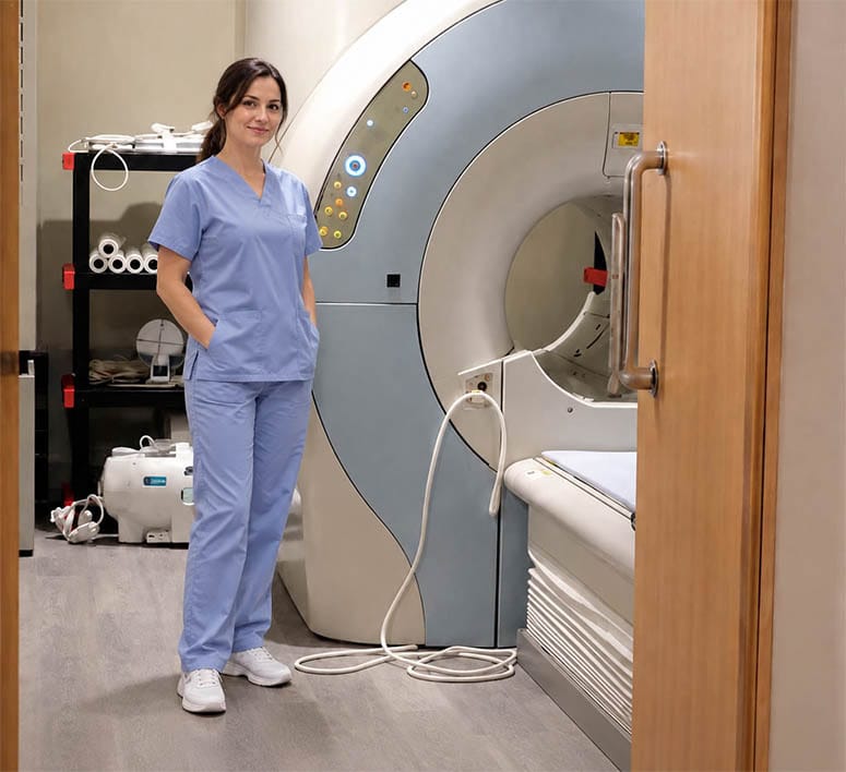 MRI technologist standing beside a breast MRI scanner in Midtown Manhattan
