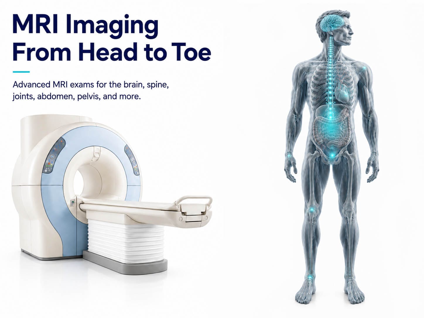 MRI imaging infographic showing brain, spine, shoulder, breast, chest, abdomen, pelvis, knee, wrist, ankle, and joint exams in Manhattan NYC