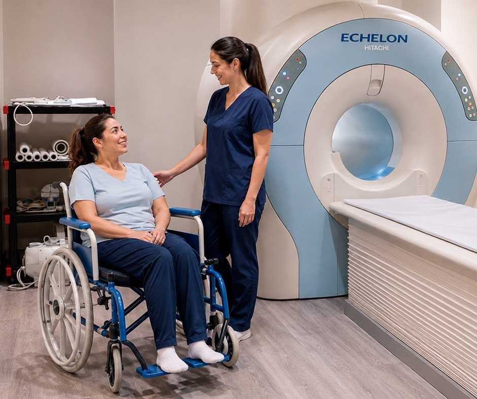Patient seated in an MRI-safe wheelchair beside the Echelon scanner with a technologist at Manhattan MRI in NYC