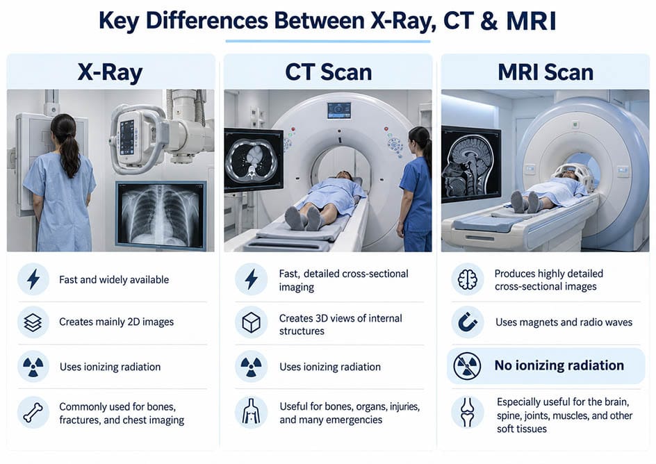 Differences between MRI, CT scan, and X-ray imaging