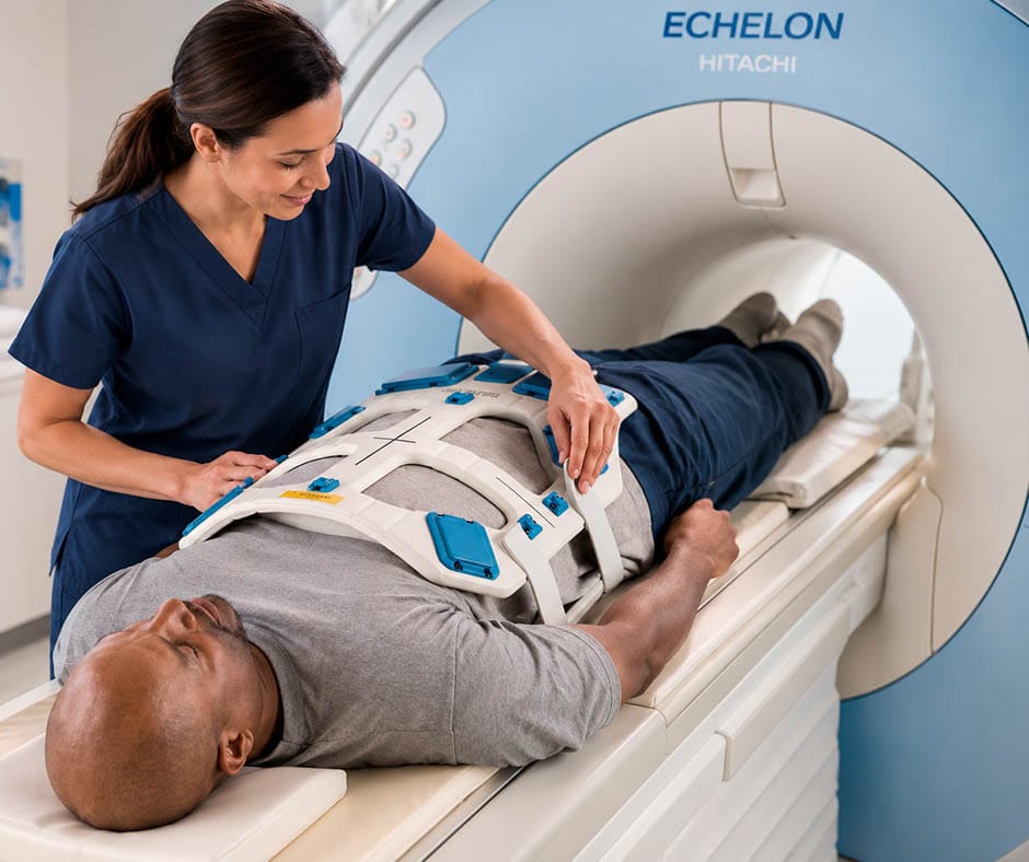 Patient lying on an MRI table as a technologist prepares the scan