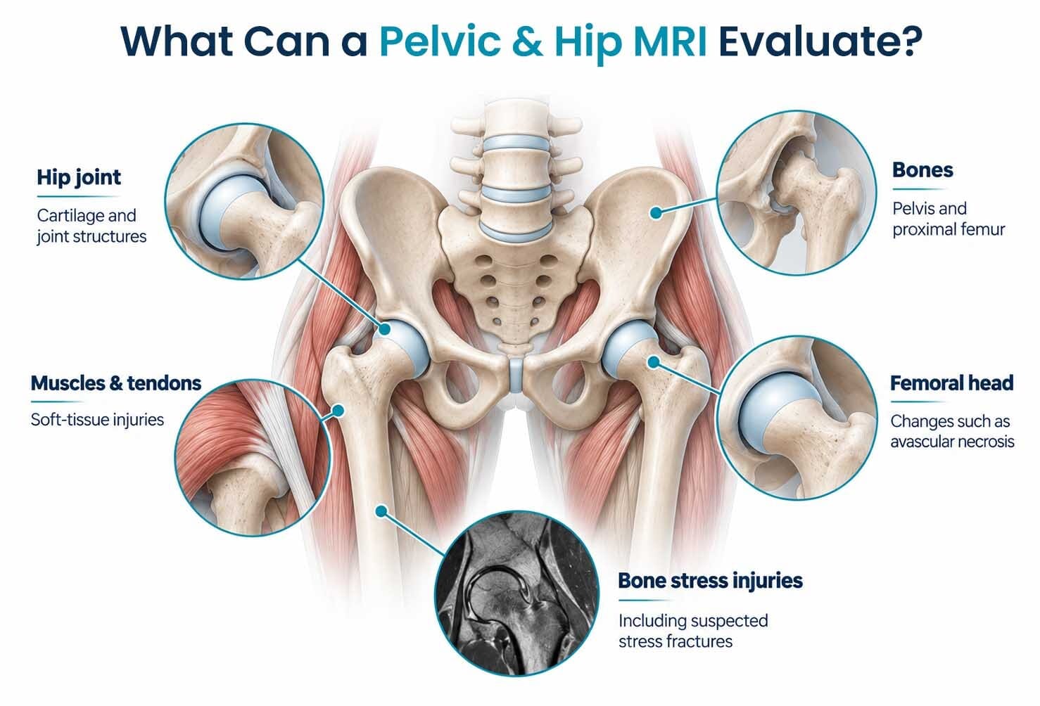 Pelvic and hip anatomy showing structures evaluated with MRI