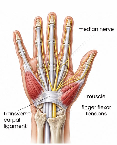 Wrist anatomy showing carpal bones, ligaments, tendons, and median nerve